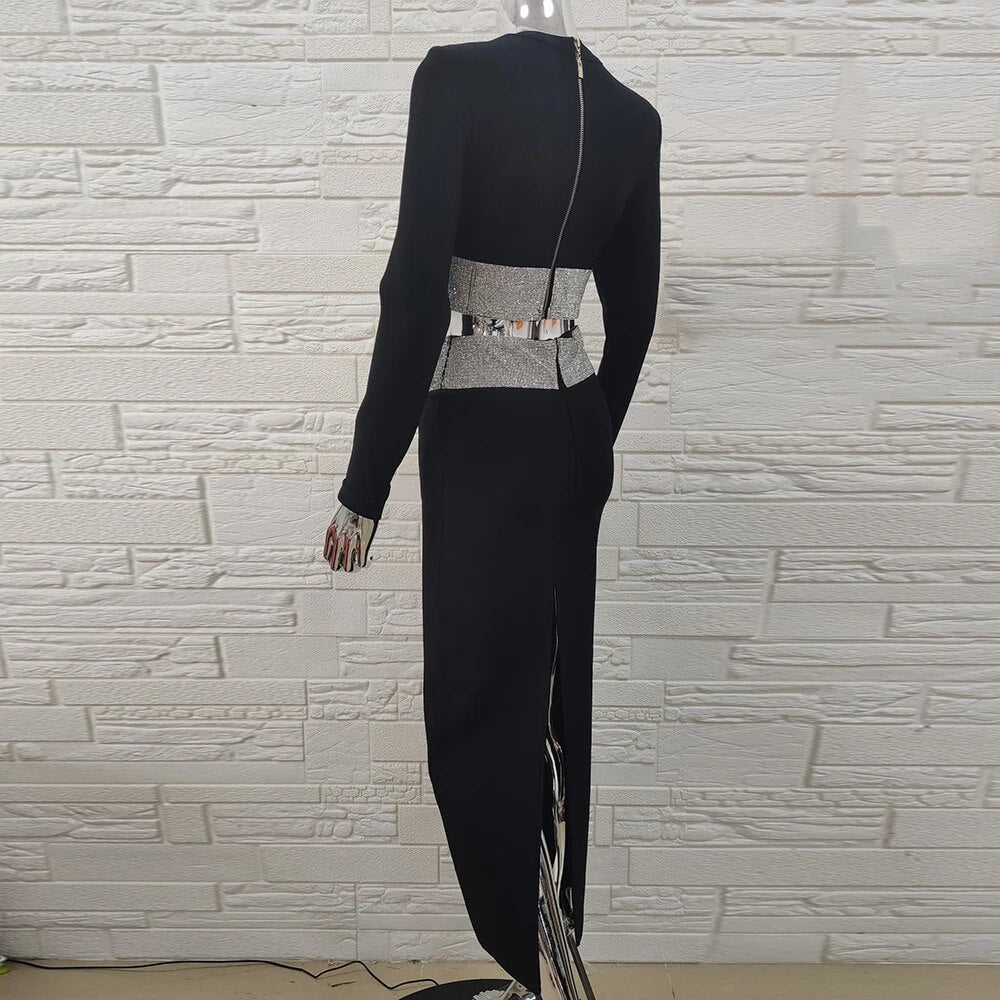 Crystal Diamond Patchwork O Neck Mini Top & Tight Maxi Bandage Skirt Set