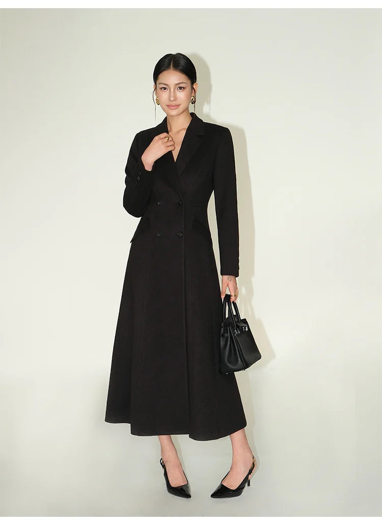 Lapel Double Breasted Full Sleeve Button Woollen Maxi Overcoat