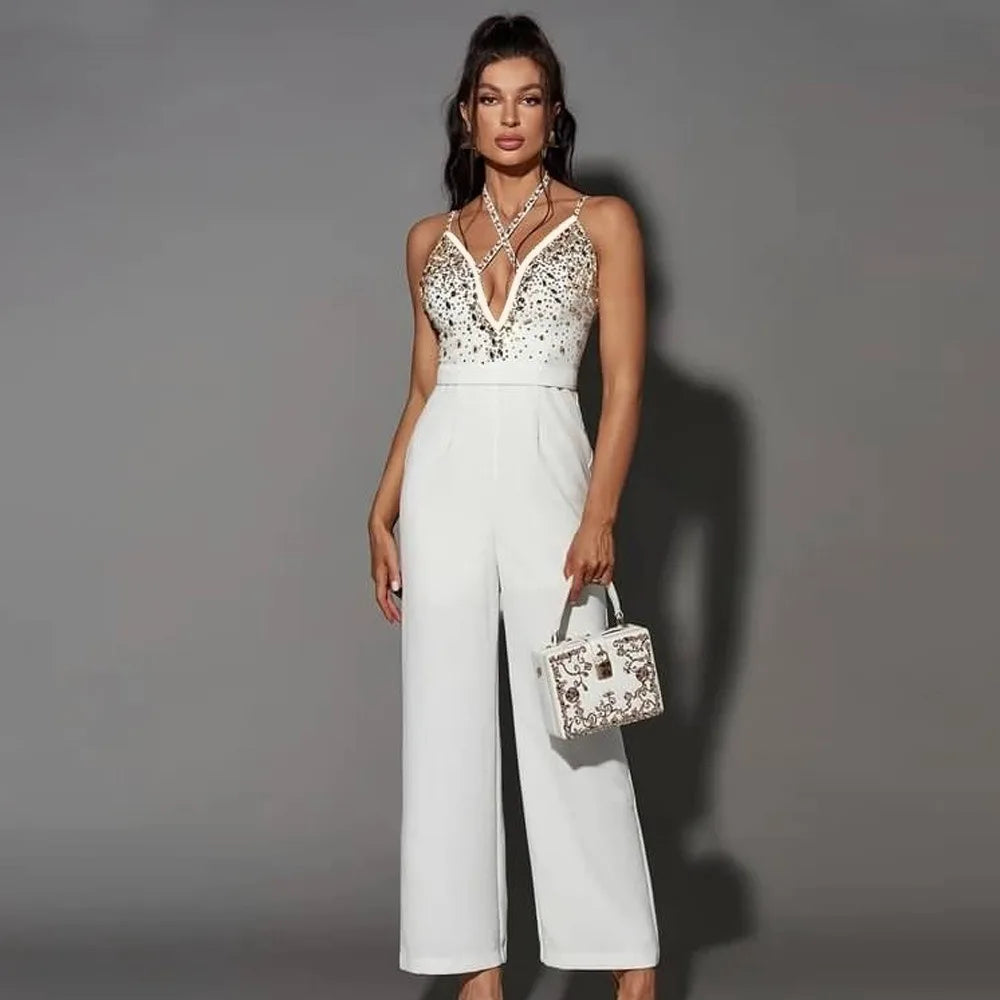 Strap Coros V Neck Backless Diamond Patchwork Flare Bandage Jumpsuit