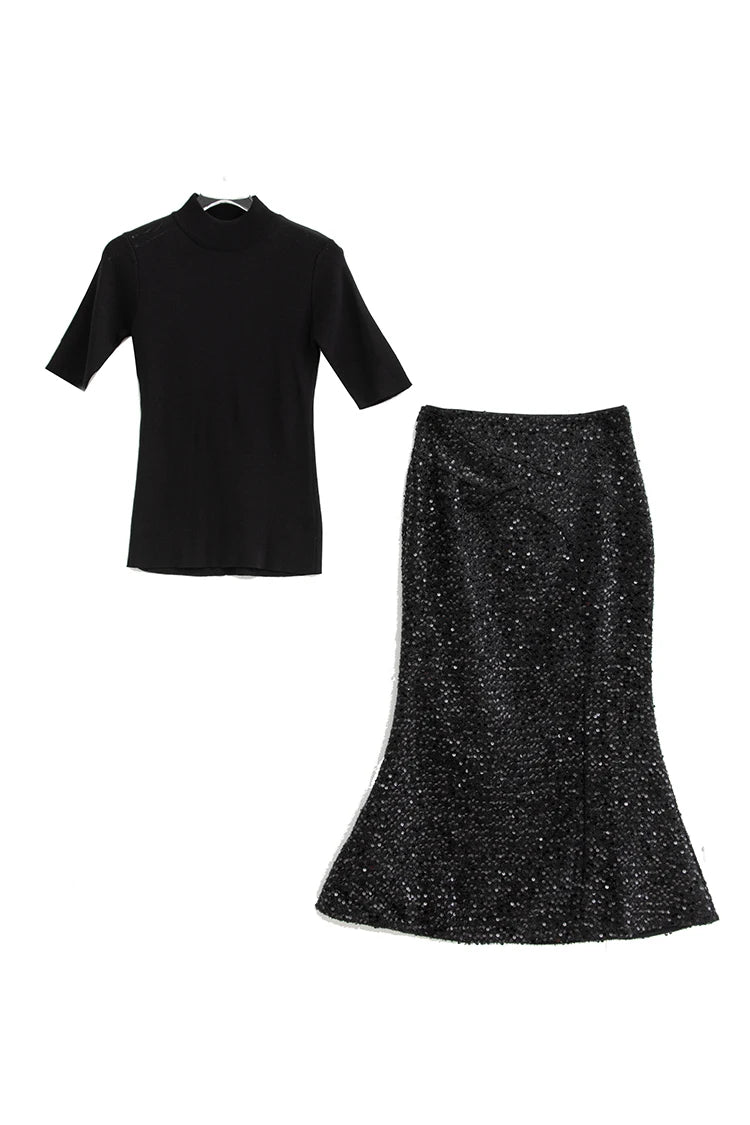 Vintage Stand Collar Slim Top Sequins Mid Skirt Set