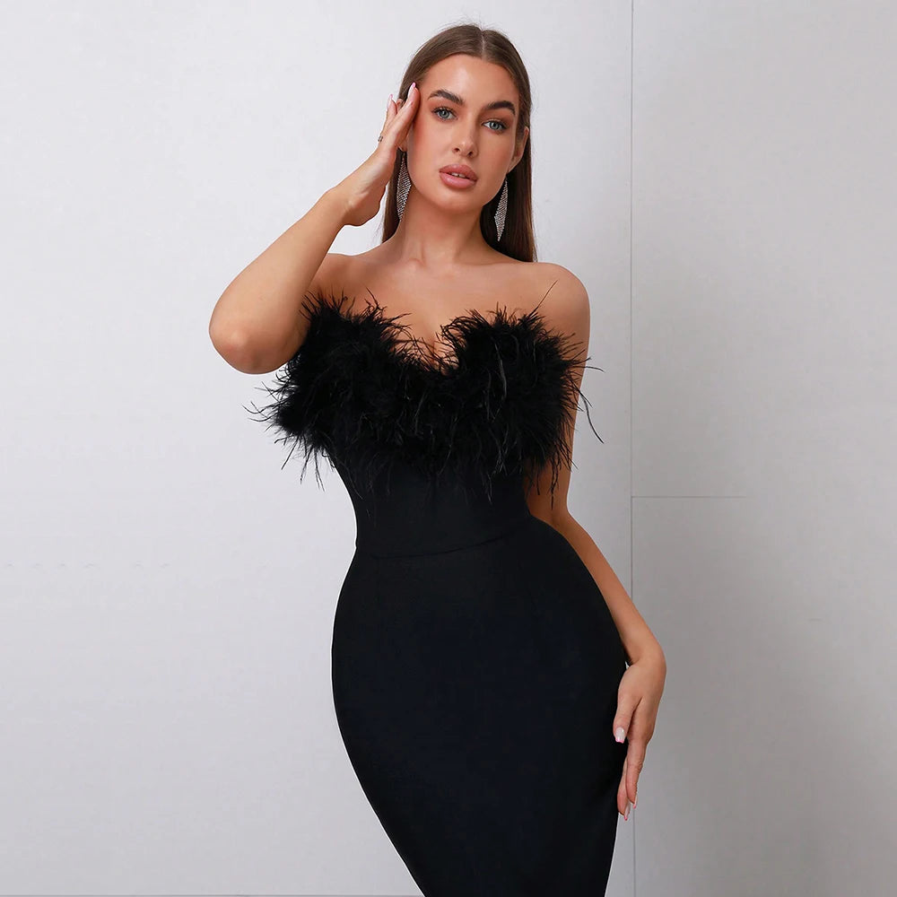 Strapless Sleeveless Feather Shoulder Maxi Bandage Dress