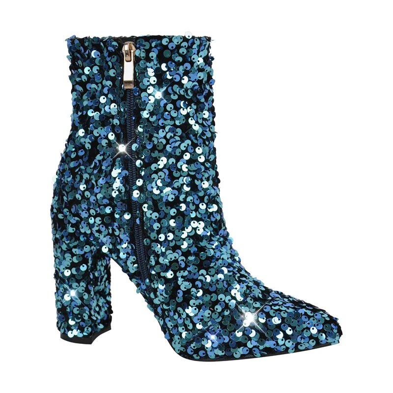 Pointed Toe Sequin Side Zipper Round Heels Ankle Boots