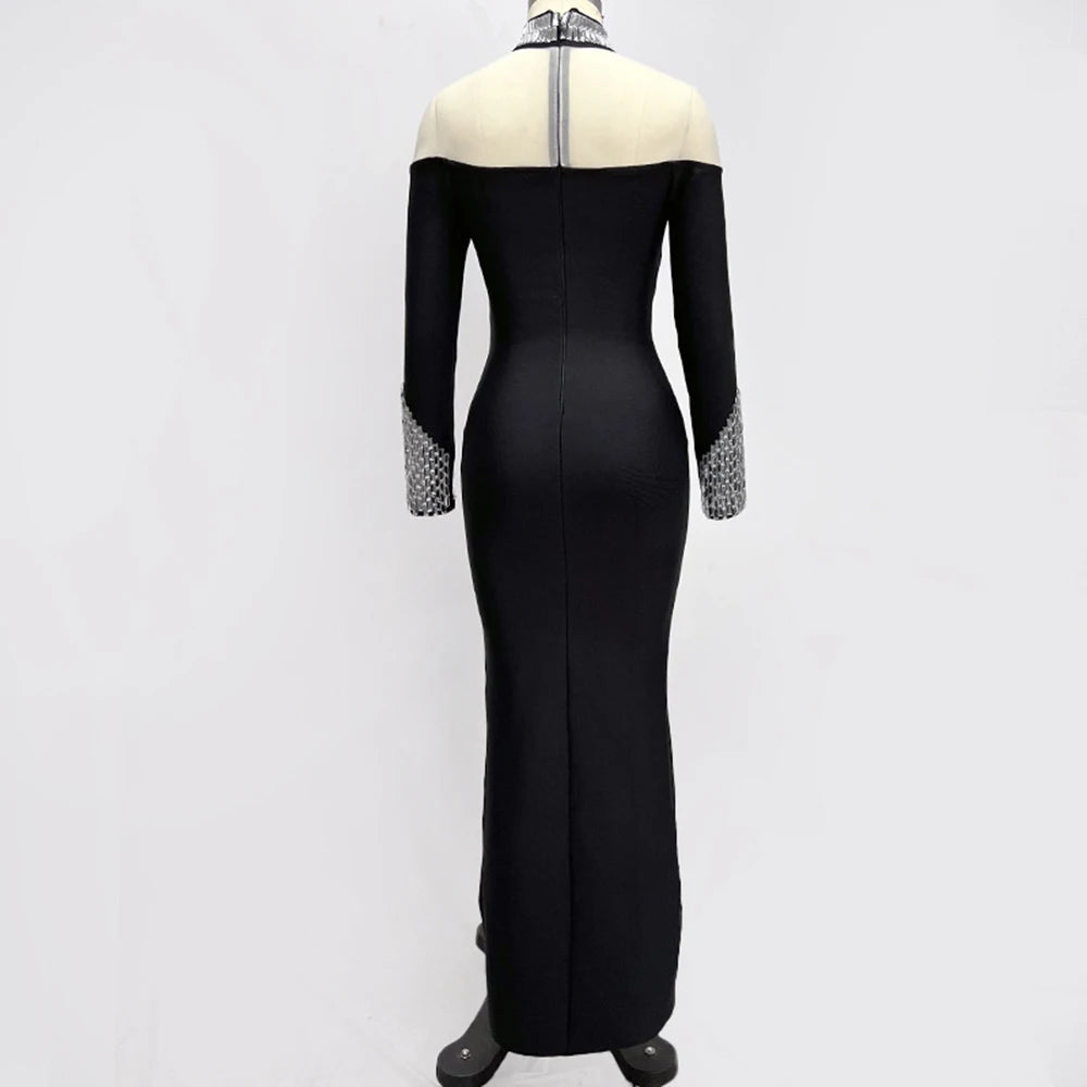 Long Sleeve Mesh Colour Blocked Diamond Tight Maxi Bandage Dress