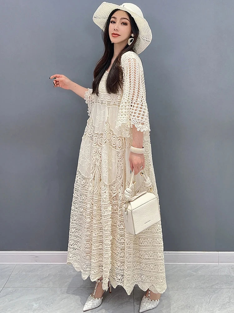 O-Neck Sleeves Large Hem Hollow Out Loose Lace Mid Dress