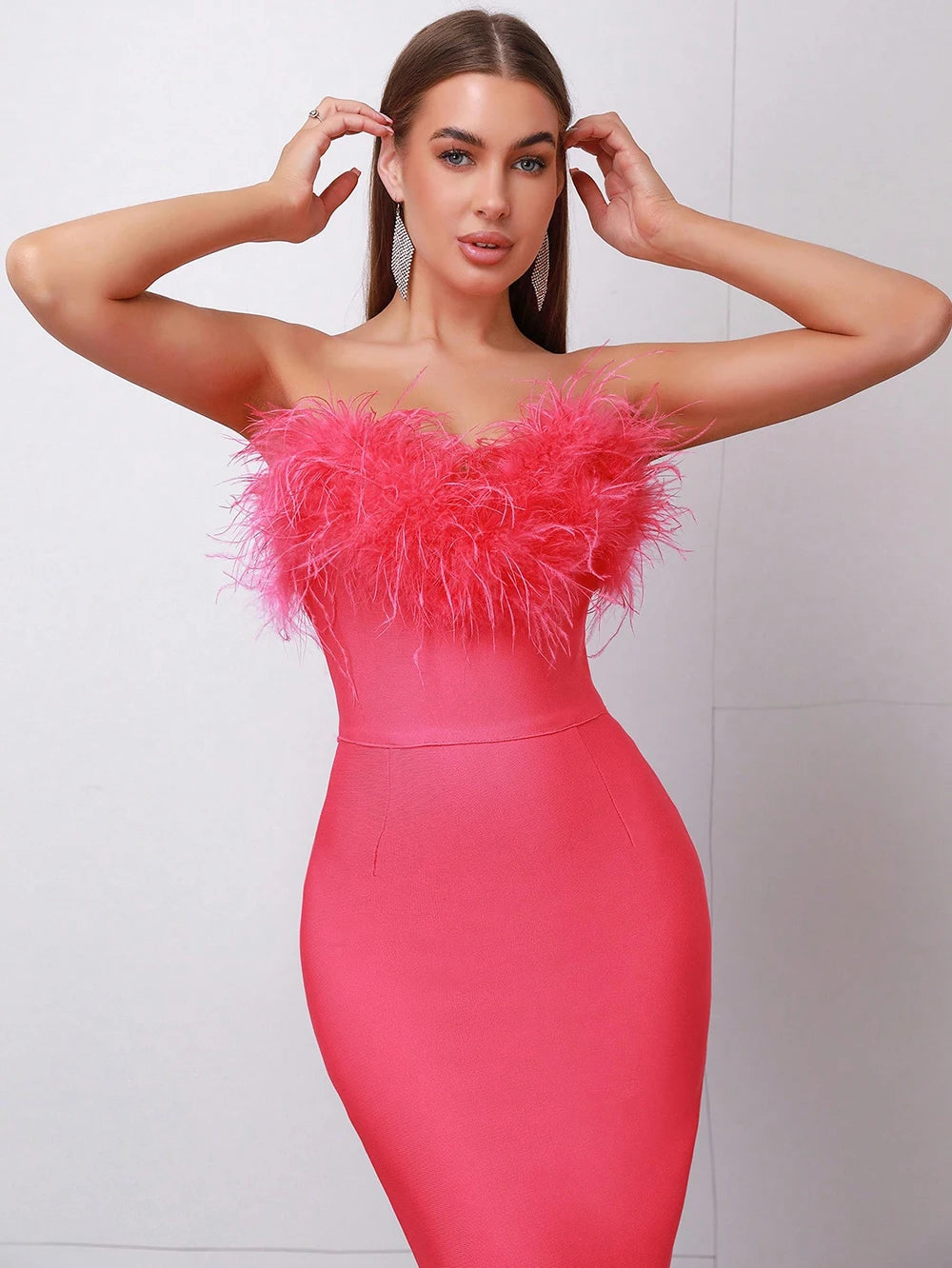 Strapless Sleeveless Feather Shoulder Maxi Bandage Dress