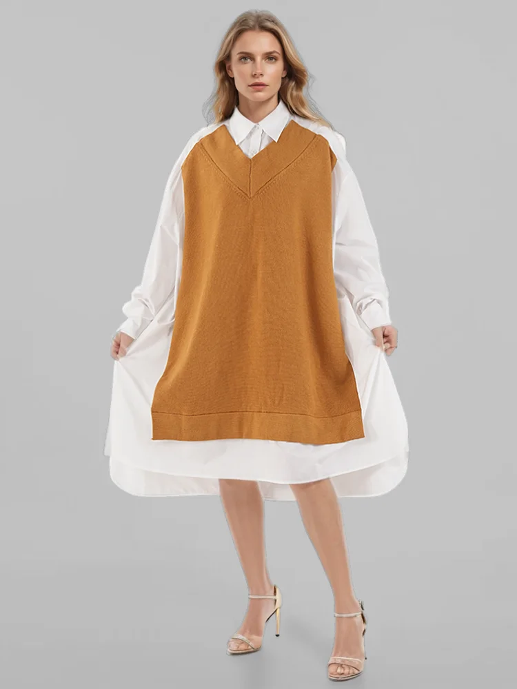 Turn-down Collar Knitted Shirt Single Breasted Loose Mid Dress