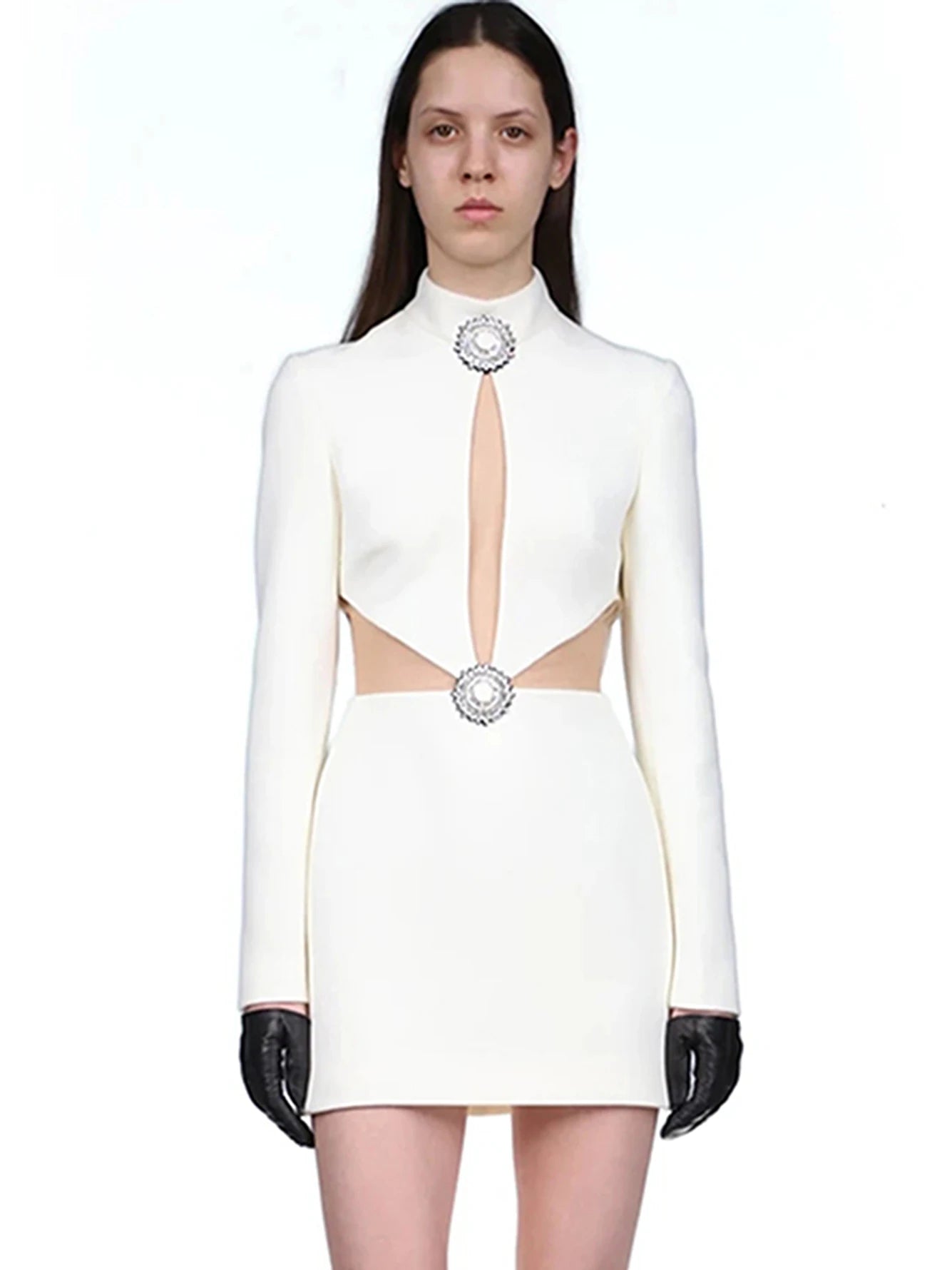 Long Sleeve Hollow Out Diamonds Crystal Mini Bandage Dress