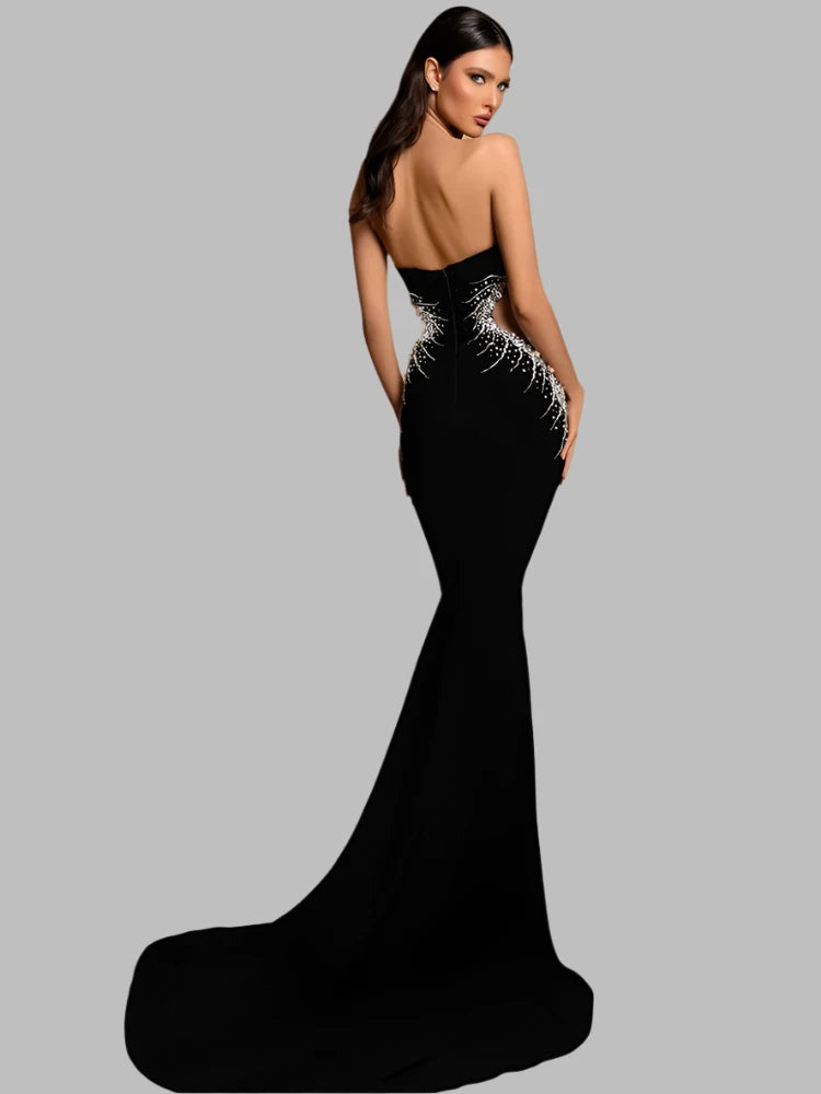 Strapless Crystal Sparkling Diamond Hollow Tight Mermaid Maxi Dress