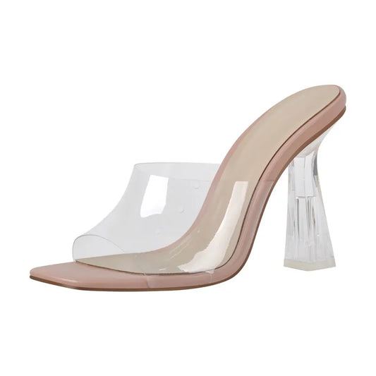 Square Toe PVC Clear Heel Slip On Sandals Mules Sandals