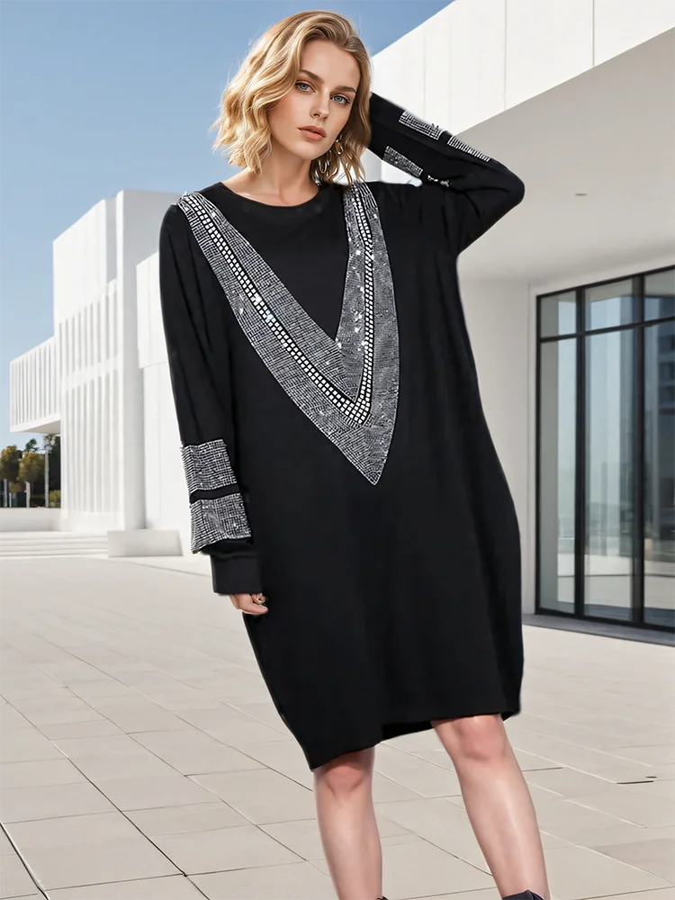 O Neck Rhinestones Shining Loose Fit Long Sleeve Mini Dress