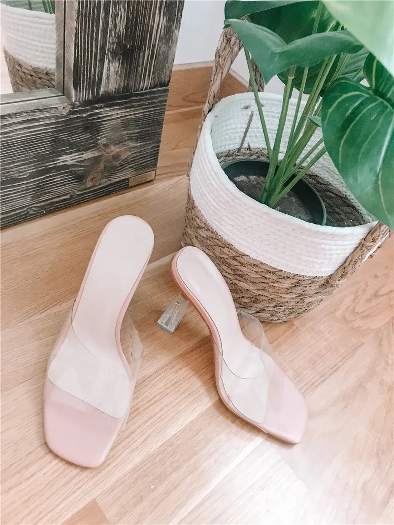 Square Toe PVC Clear Heel Slip On Sandals Mules Sandals