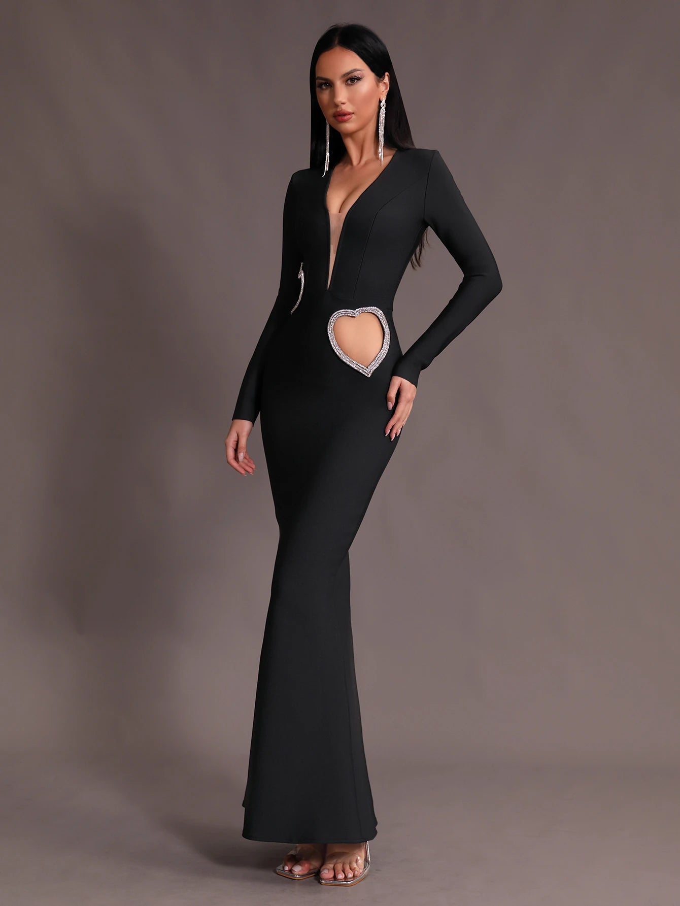 V-neck Belt Hollow Heart Diamond Mermaid Bandage Maxi Dress