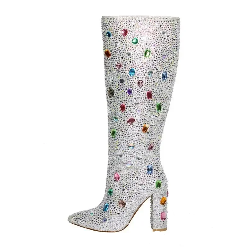 Pointed Toe Rhinestone Block Heel Knee High Boots