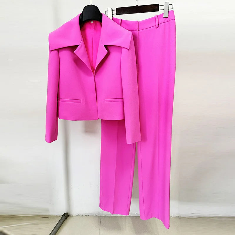 Turn Down Cropped Mini Jacket Mid Waist Trouser Set