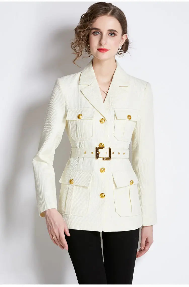 Chickened Vintage Golden Buttons Pocket  Collar Belted Blazers