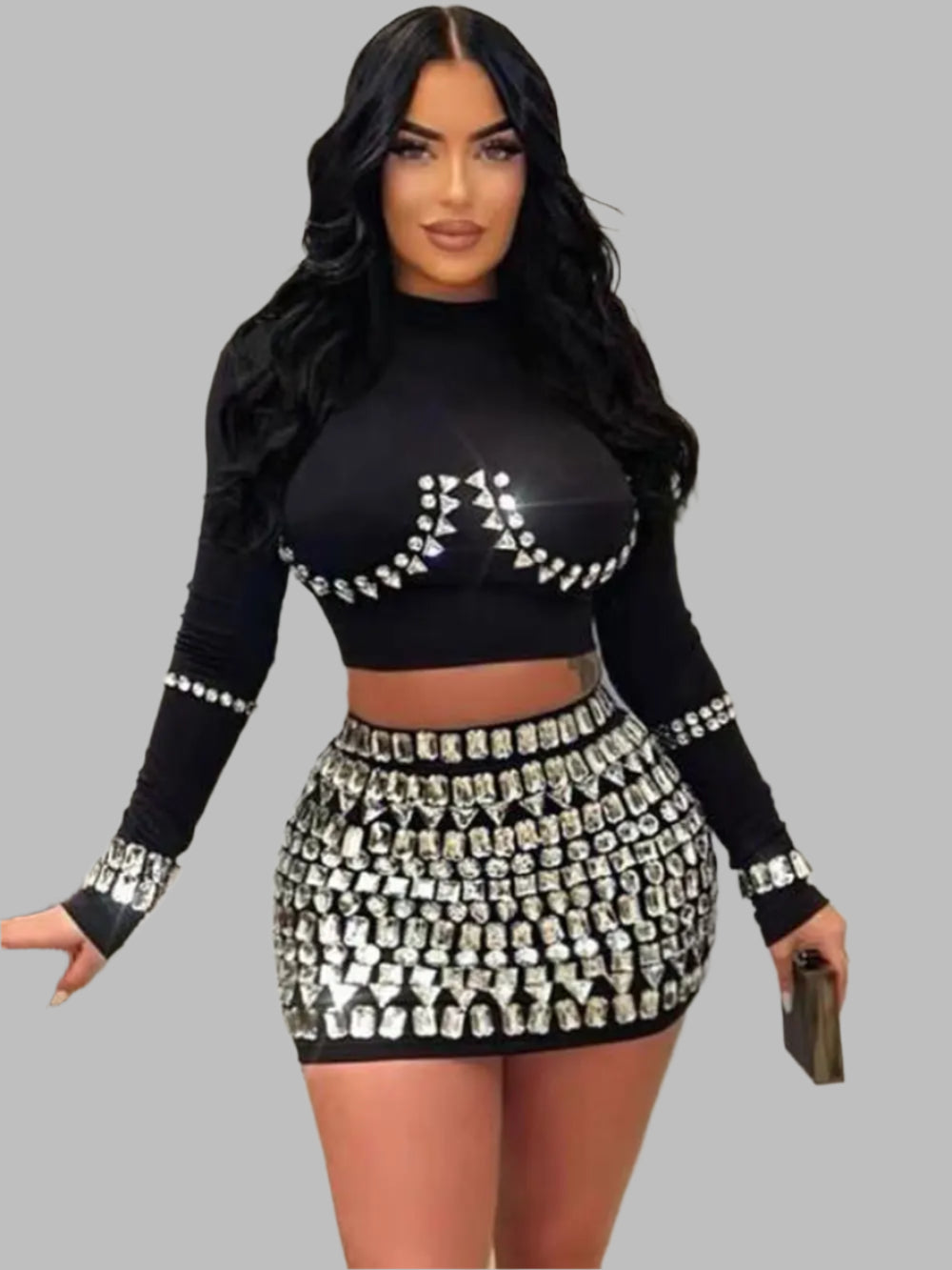 Bead Diamond Patchwork Bandage O-neck Long Sleeve Short Top Mini Skirt Set