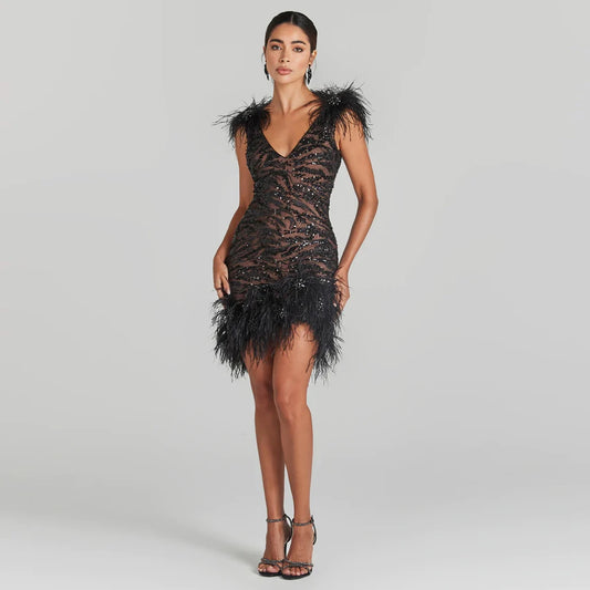 Feather Shoulder V-neck Sleeveless Backless Sequins  Mini Dress