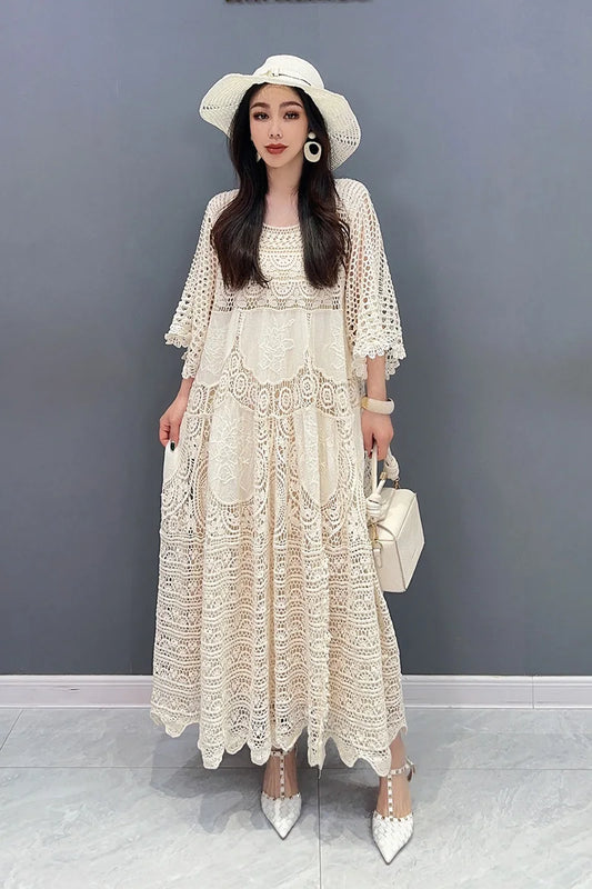 O-Neck Sleeves Large Hem Hollow Out Loose Lace Mid Dress