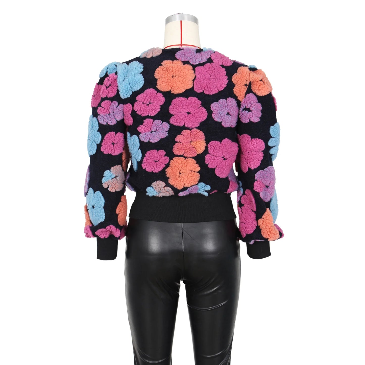 O Neck Loose Single Breasted Long Sleeve Retro 3D Flowers Short Jacket