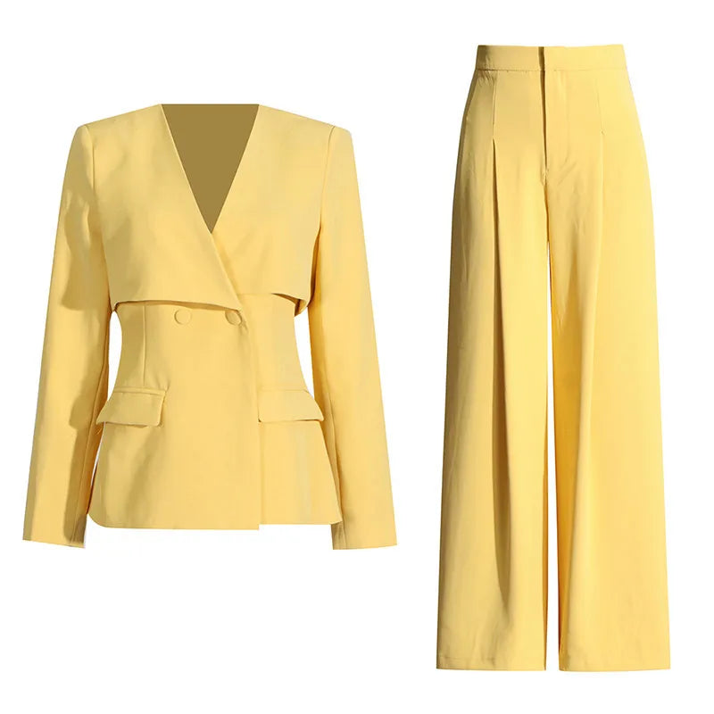 V-neck Spliced Long Sleeve Blazer High Waist Wide Leg Trouser Set