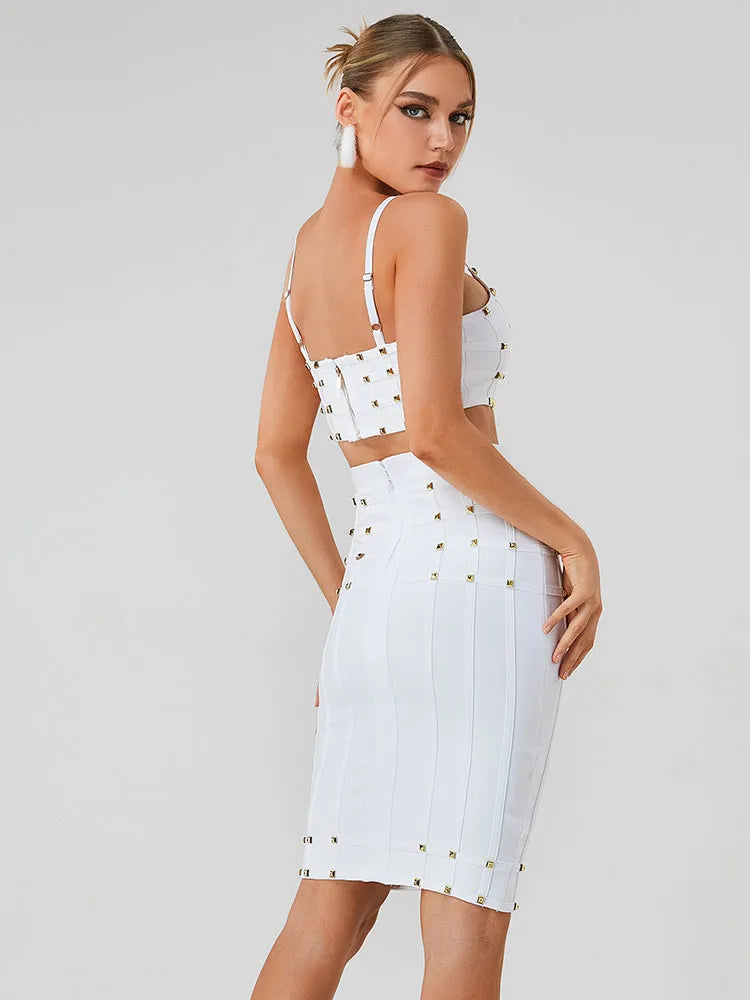 Rivet Sleeveless Short Tank Top High Waist Mini Bandage Skirt Set