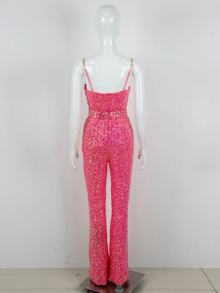 Shiny Sequin Spaghetti Strap Chain Sleeveless Tight Flare Jumpsuit