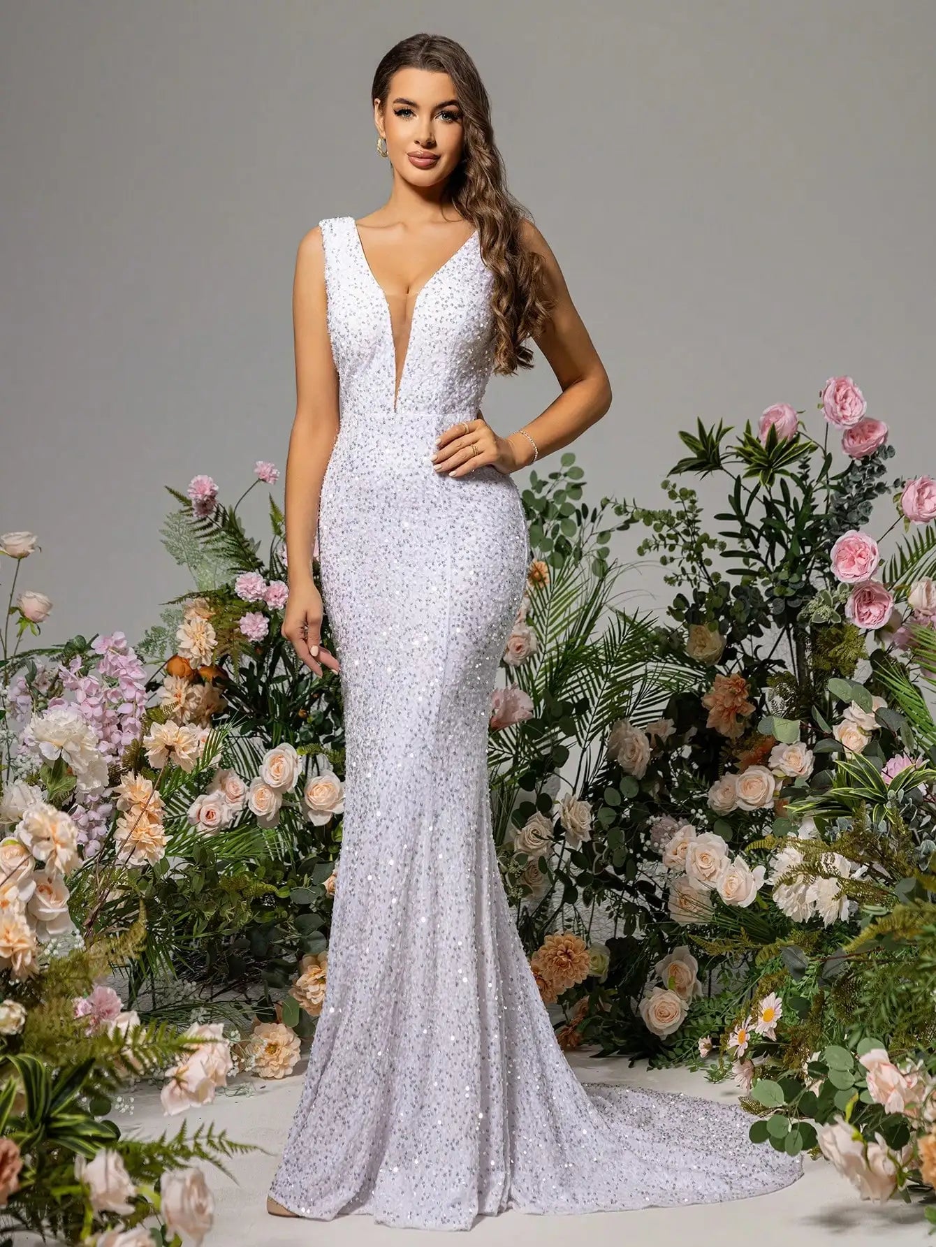 Deep V Neck Sequin Sleeveless Mermaid Maxi Dress