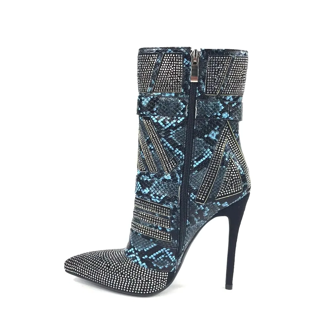 Rhinestone Denim Pointed Toe Zipper Sparkly Bling Ankle Boots