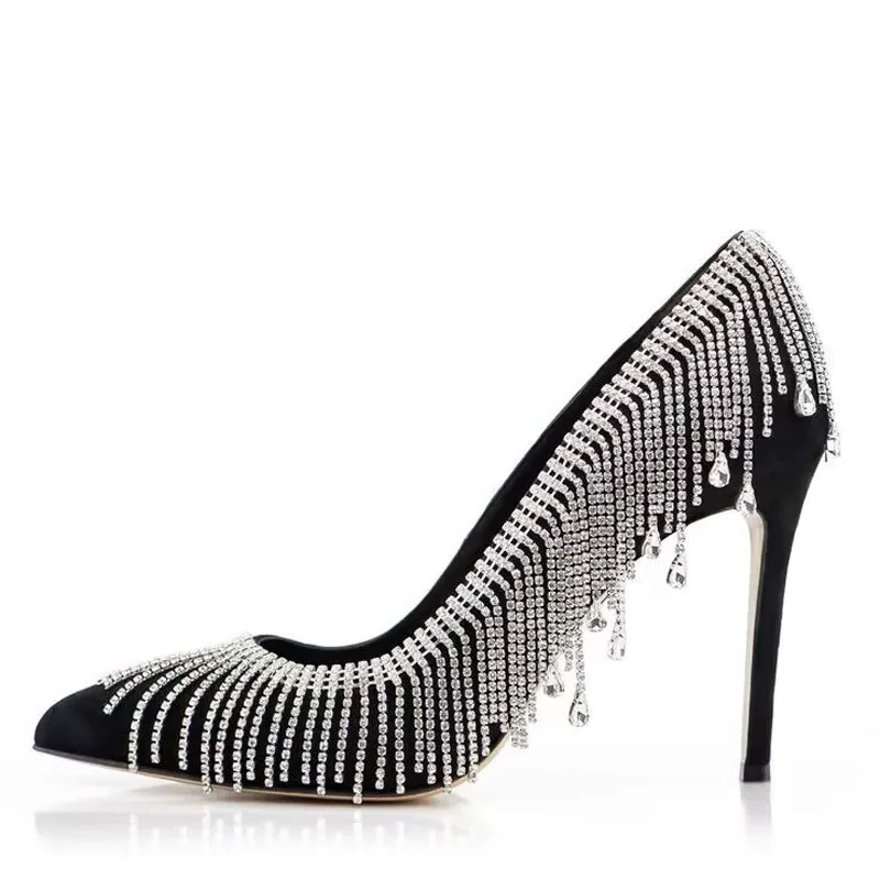 Bling Rhinestone Tassel Covered Pumps Thin High Heels Shoes