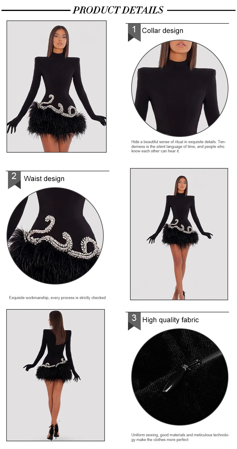 Long Sleeve With Gloves Crystal Feather Patchwork Velvet Mini Dress