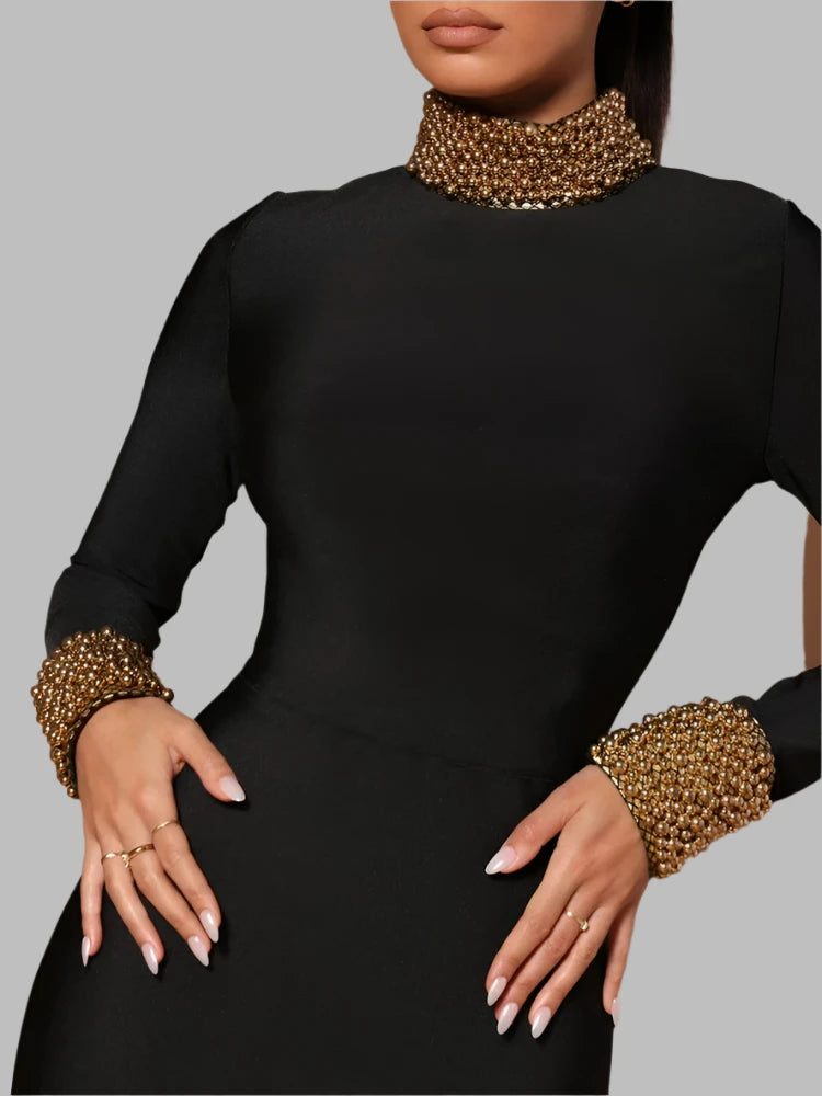 Beading Turtleneck Long Sleeve Golden Beading Bandage Maxi Dress