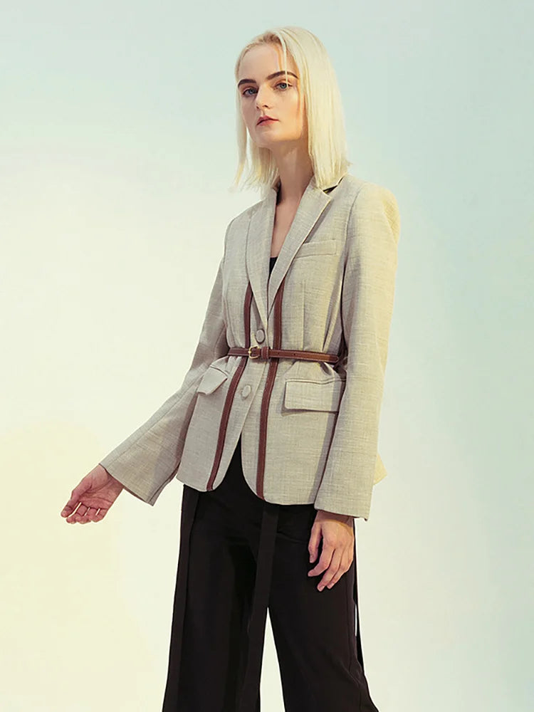 Notched Collar Spliced Contrasting Colours PU Leather Belt Blazer