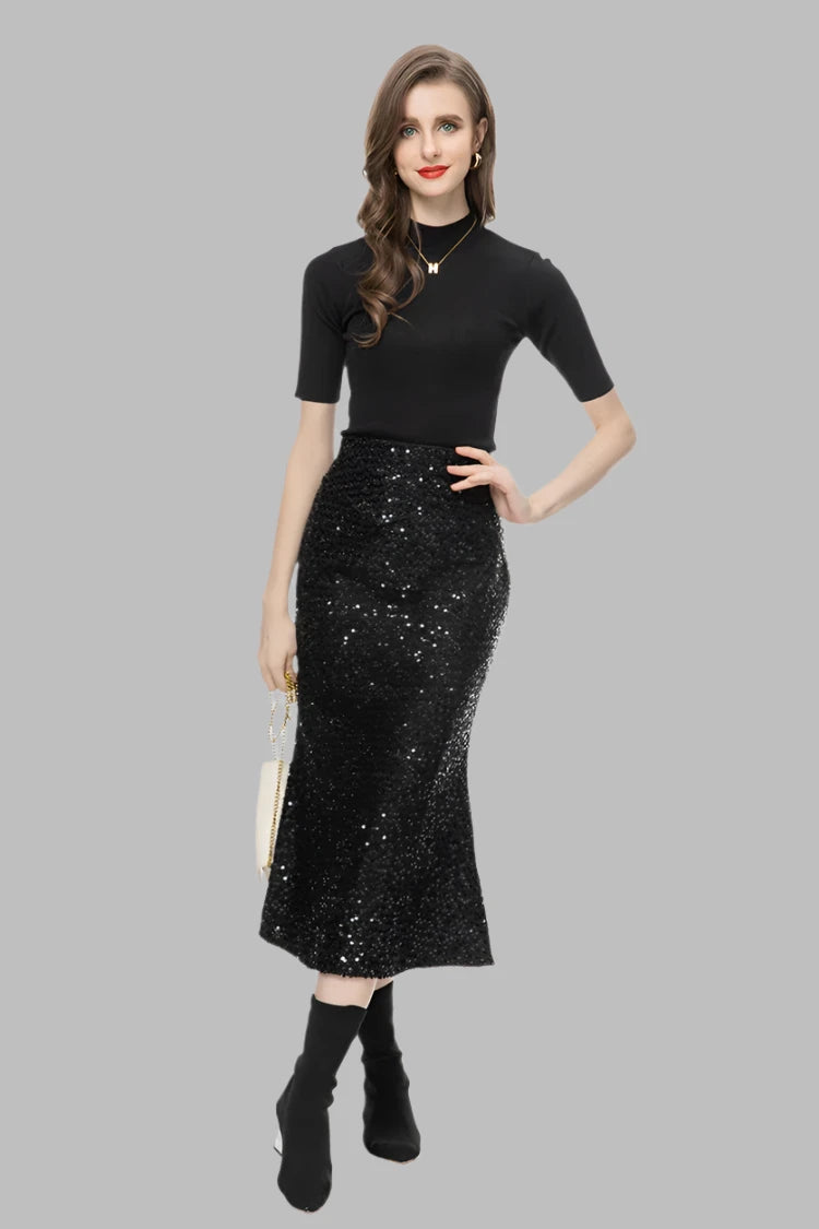 Vintage Stand Collar Slim Top Sequins Mid Skirt Set