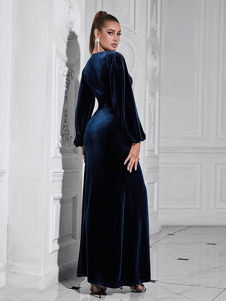 V Neck Long Sleeves Folds Velvet Ruched Split Slim Maxi Dress