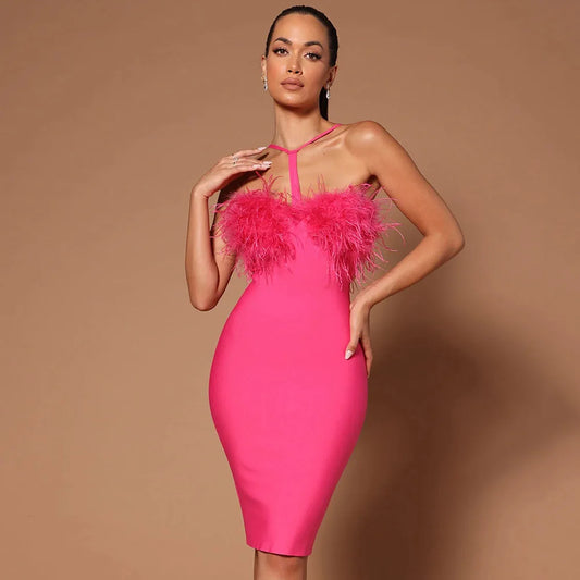 Strap Neck Feather Decor Open Back Tight Bandage Mini Dress