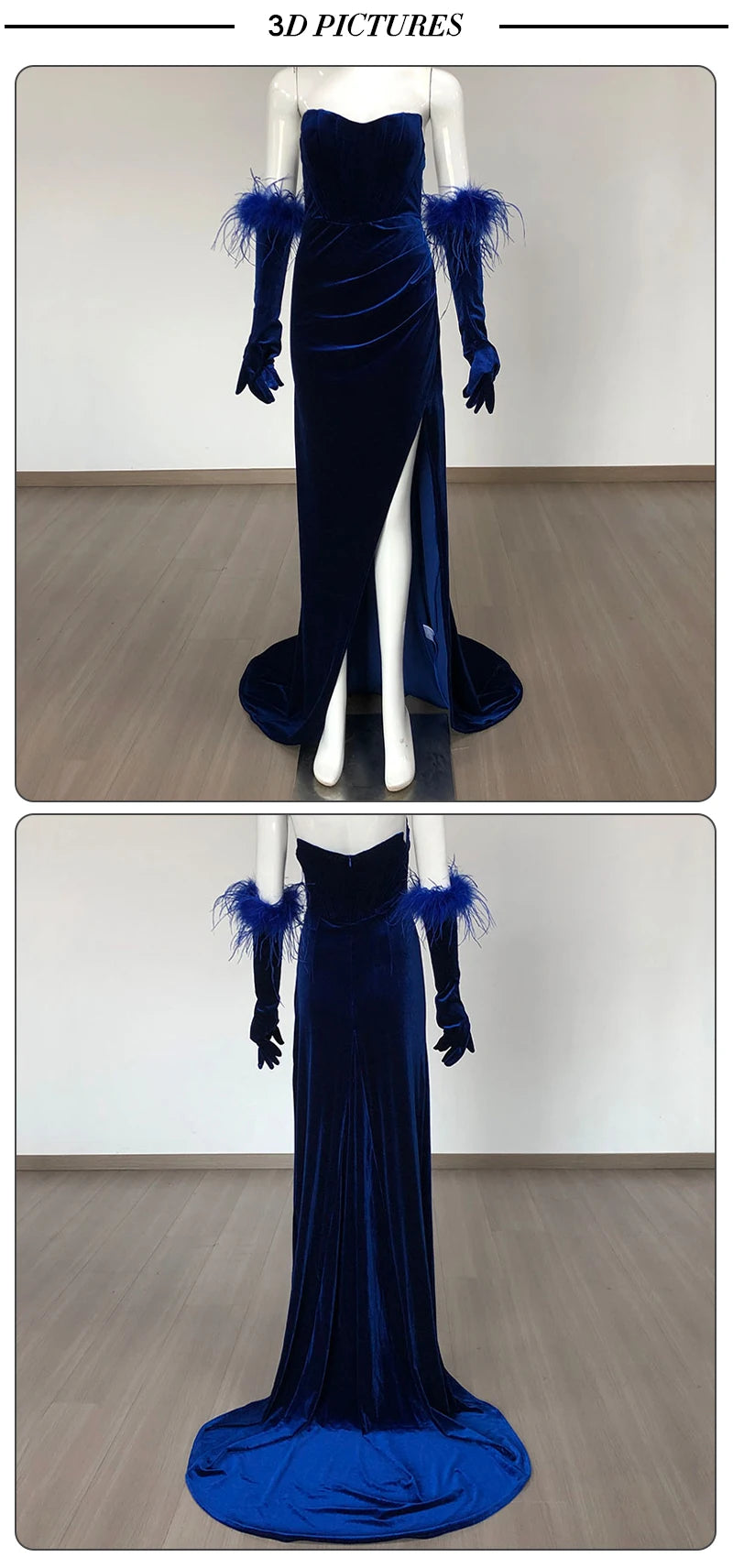 Feather Gloves Strapless High Slit Mermaid Velvet Pleated Prom Maxi Dress