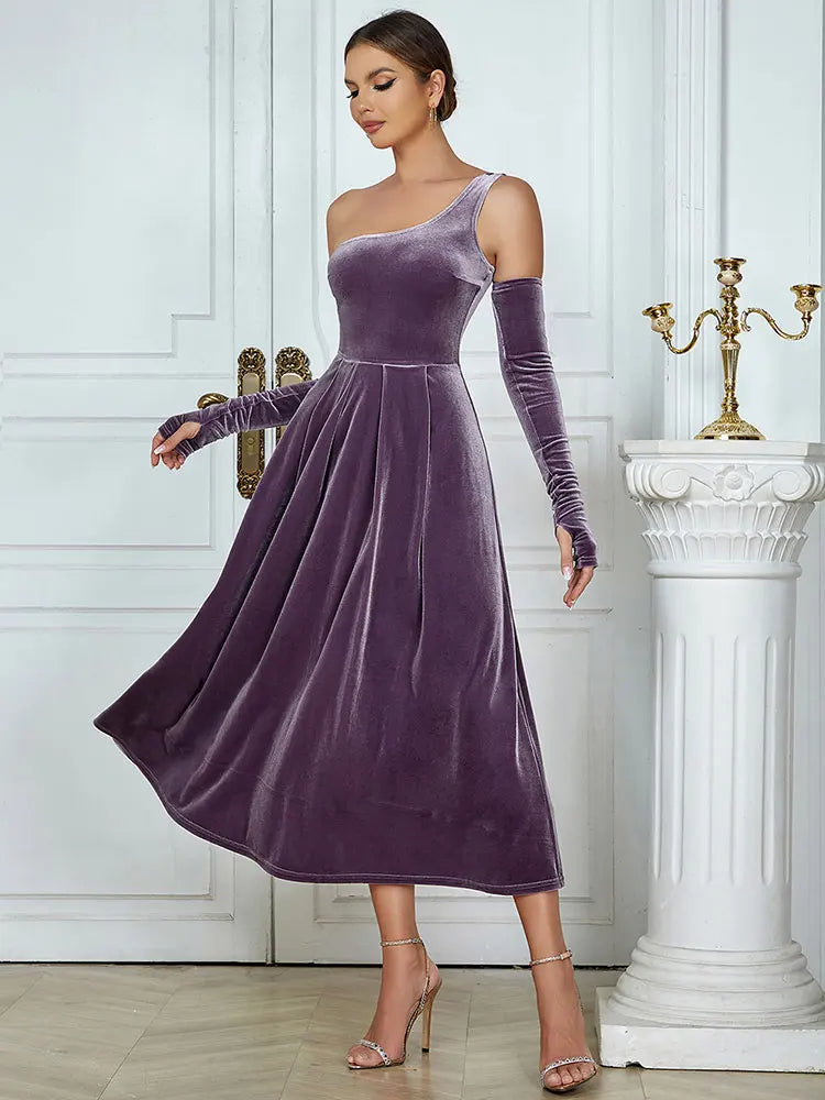 Velvet Slanted Neck One Shoulder Glove Design Draped A-Line Mid Dress