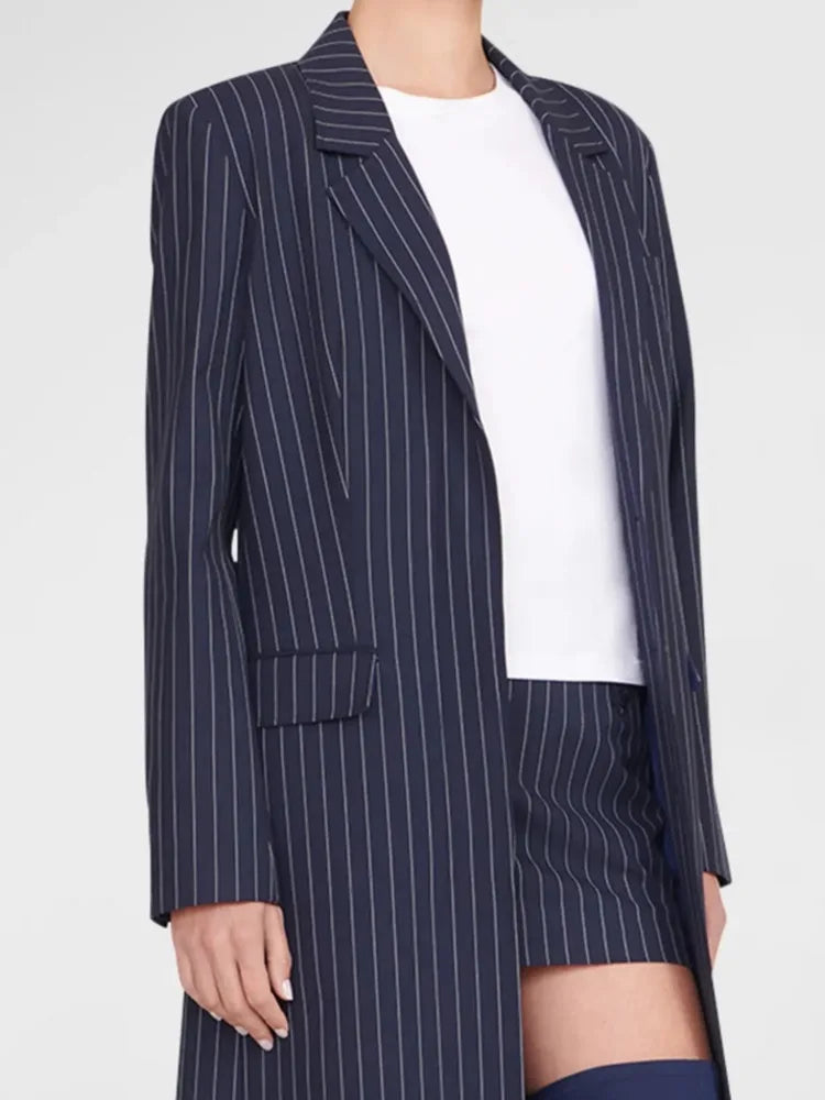 Stripe Notched Collar Long Sleeves Single Breasted Pockets Slim Long Coat