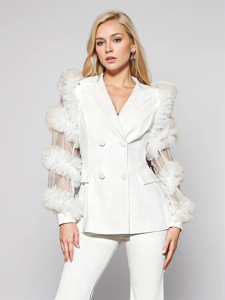 Spliced Mesh Notched Collar Long Sleeve Spliced Button Blazer