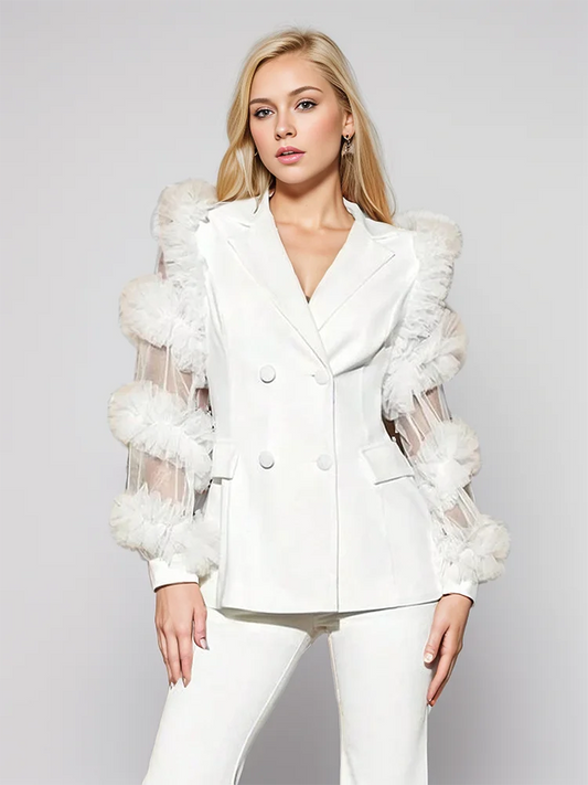 Spliced Mesh Notched Collar Long Sleeve Spliced Button Blazer