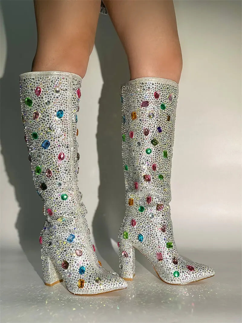 Pointed Toe Rhinestone Block Heel Knee High Boots