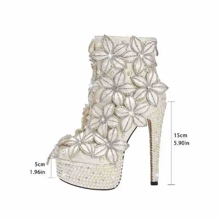 Pearl Platform Heels Pointed Toe Cut Outs Flower Decor Ankle Boots