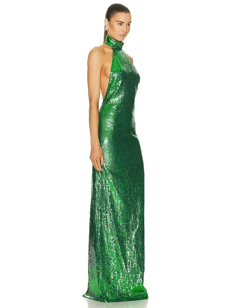 O-Neck Sequins Sleeveless Backless Tight Maxi Dress