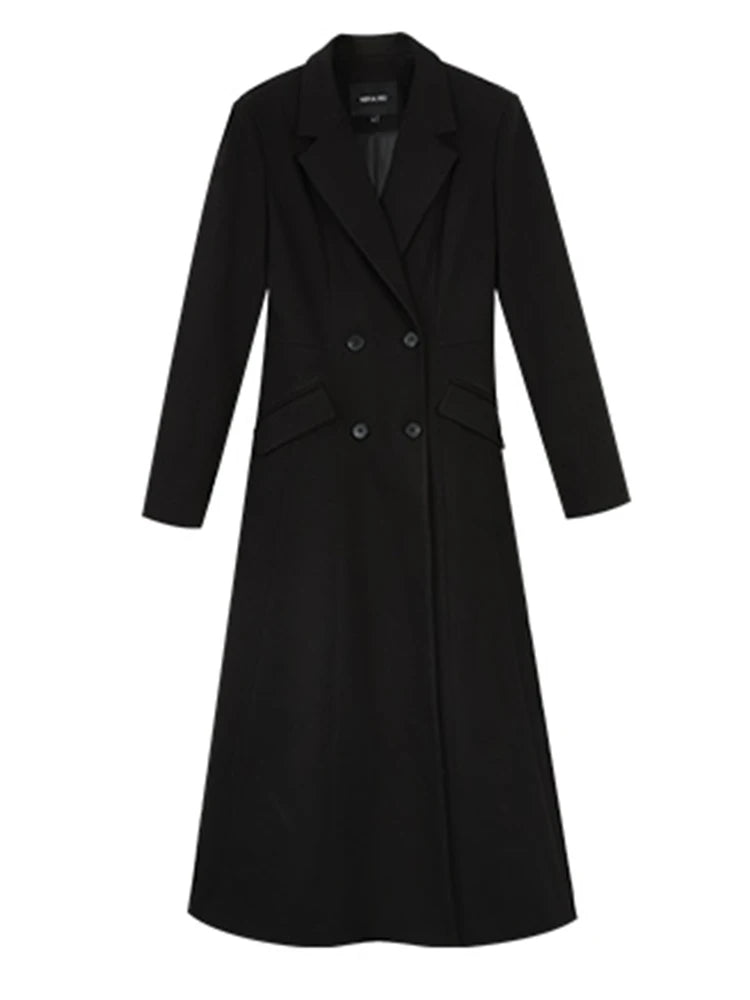 Lapel Double Breasted Full Sleeve Button Woollen Maxi Overcoat