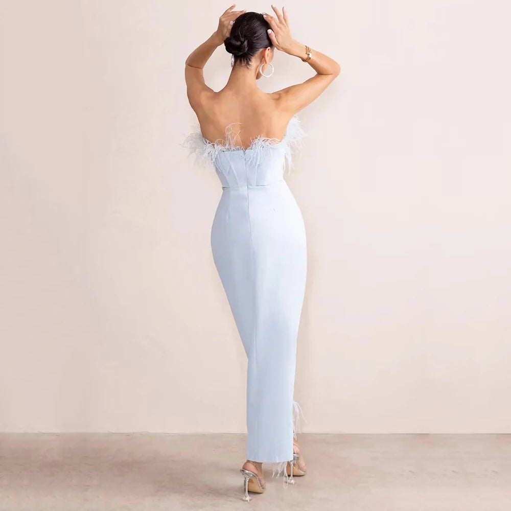 Strapless Feather Tight Split Bandage Maxi Dress