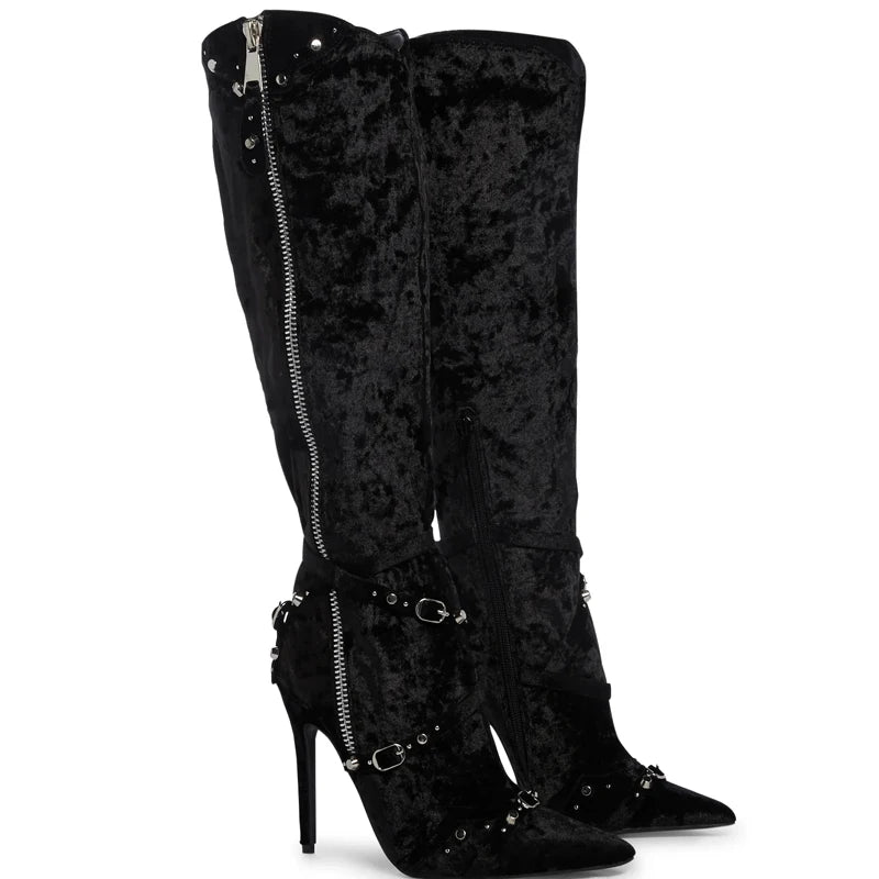 Buckle Strap Decor Pointed Toe High Heels Zipper Knee High Boots