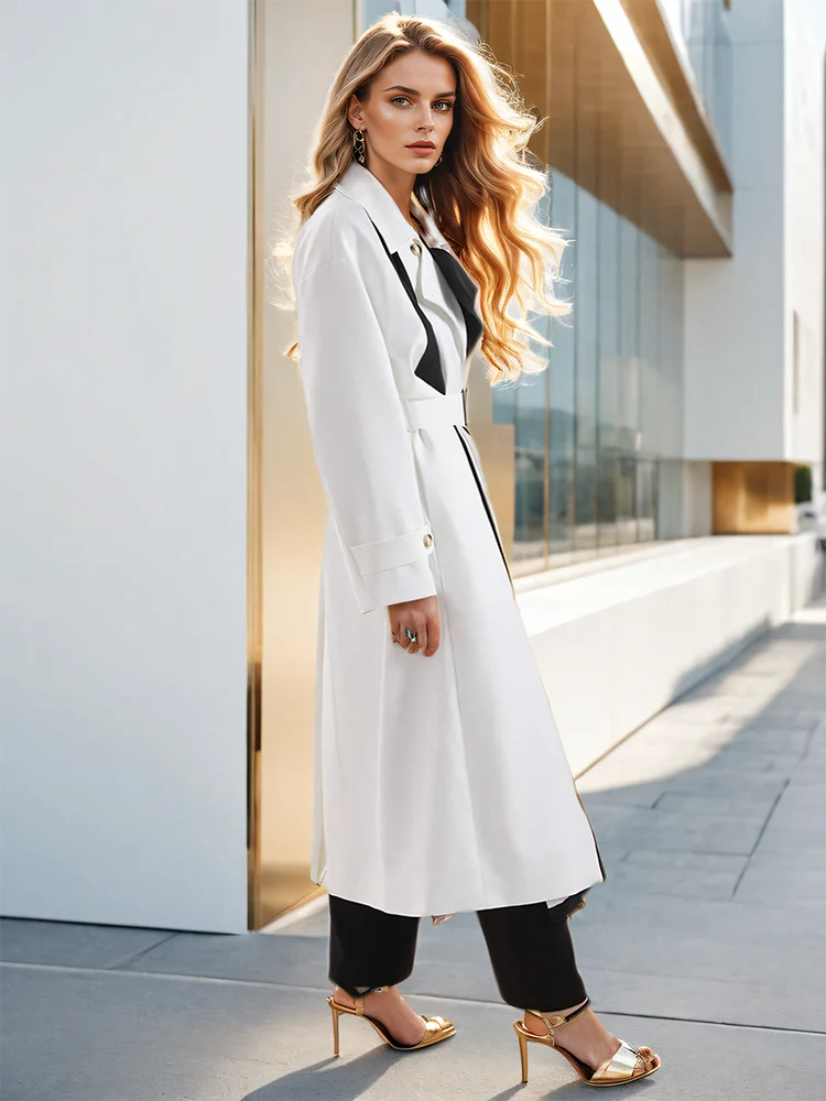 Belted Double Breasted Contrast Colour Pockets Mid Trench Coat