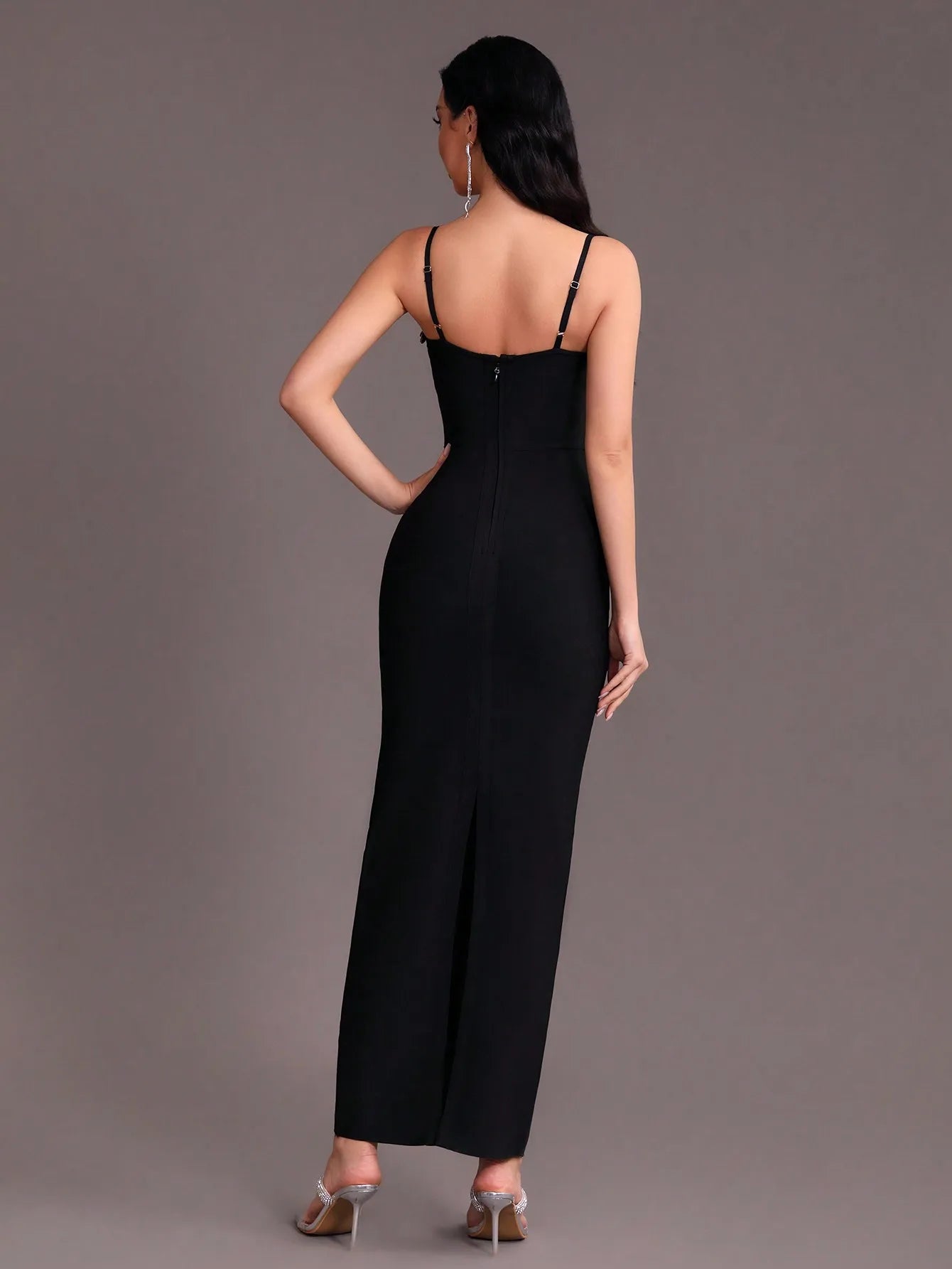 Tight V-Neck Sleeveless Diamonds Decor Maxi Bandage Dress