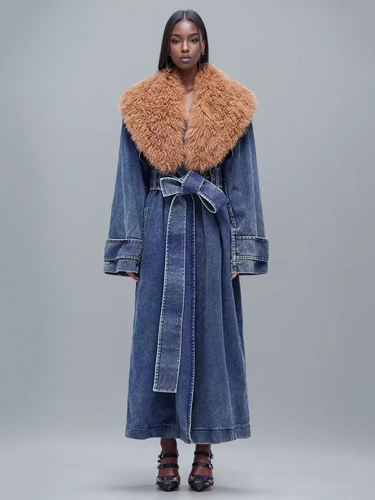 Fur Collar Belt Patchwork Pockets Loose Split Thick Warm Denim Overcoat