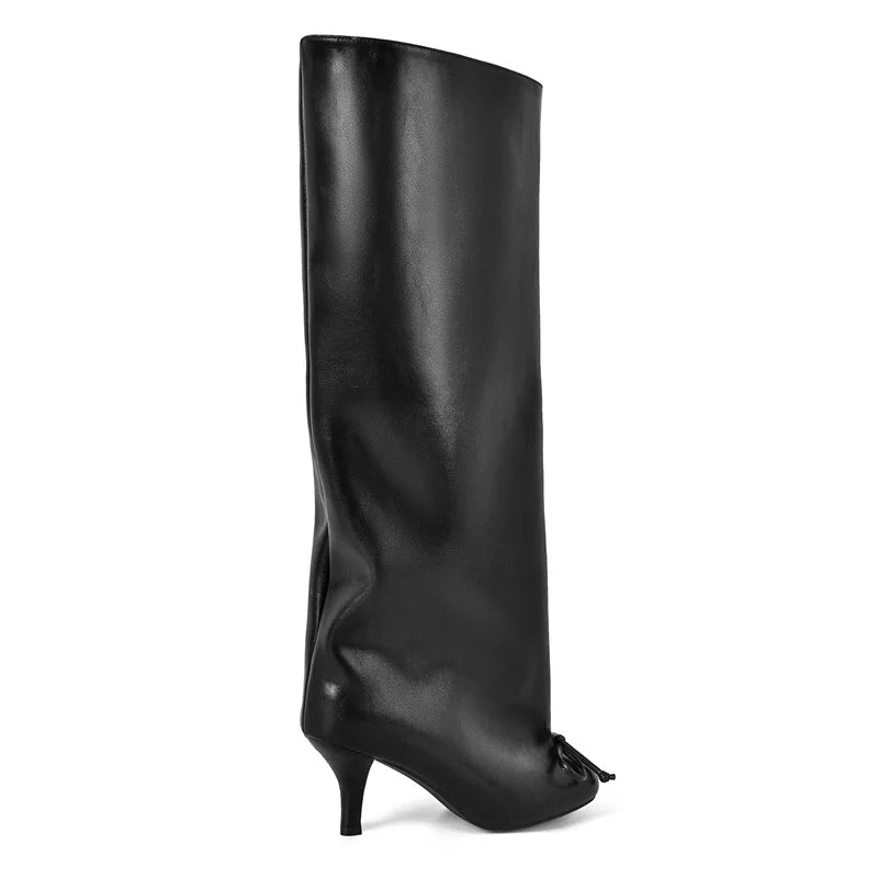 PU Leather Kitten Bow Decor Heel Knee High Heel Boots